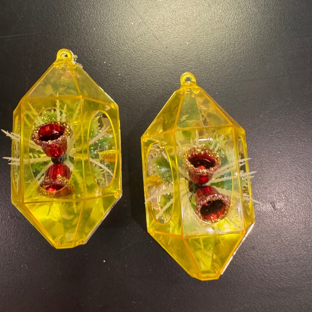 Vintage Christmas Ornaments Set of 2 Yellow Diorama Red Bells MCM Plastic 3.5"